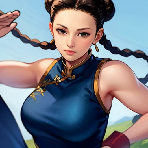 PaiChan, twin braids with blue ribbons, brown eyes, double bun,black hair, solo , tai chi stance, close up,
PaiAti,blue Chinese clothes, red sash, pants, sleeveless,
blue sky, cloudy, dusk, grassland,
(insanely detailed, beautiful detailed face, masterpiece, best quality) <lora:PaiChan:0.7>