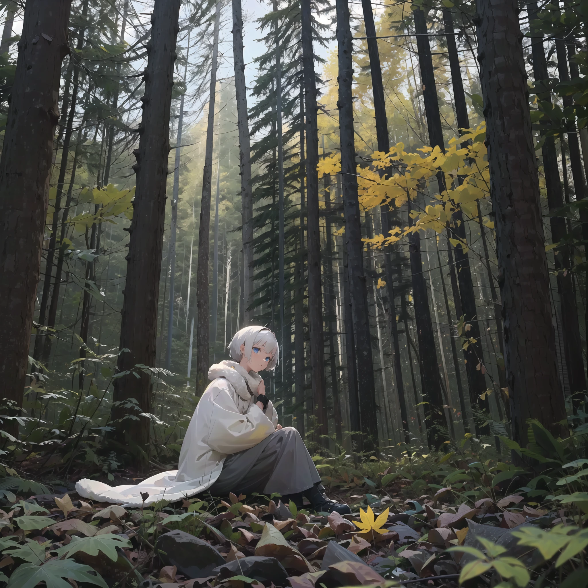 masterpiece, best quality, ultra-detailed, illustration,impasto, forest,nature,scenery,outdoors, deep forest,rain, cloudy sky, fallen leaves,1girl,looking afar, white hair,short hair,blue eyes, white coat,fur scarf,sitting, autumn, yellow leaf,