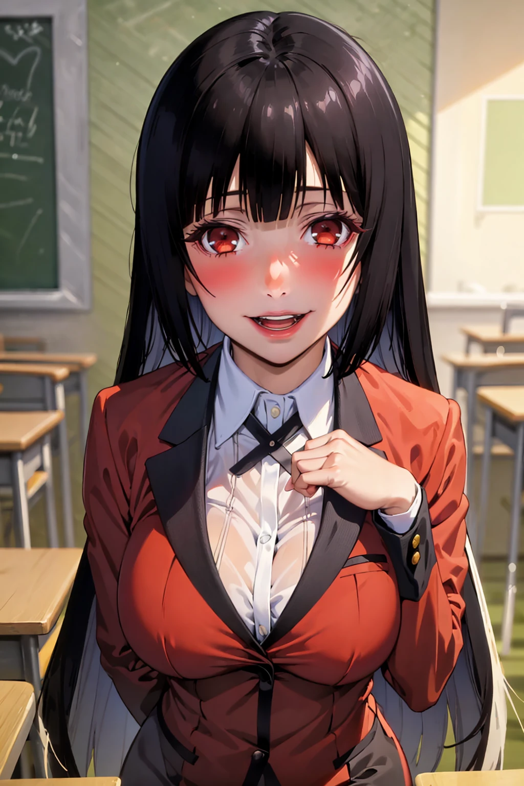 (best quality:1.1), (masterpiece:1.4), (absurdres:1.0), portrait, close-up,pov,
1girl, jabami yumeko, red school uniform, blunt bangs, white shirt, black hair, looking at viewer, classroom, smile,
<lora:Kizuki - Kakegurui - Jabami Yumeko:0.825>