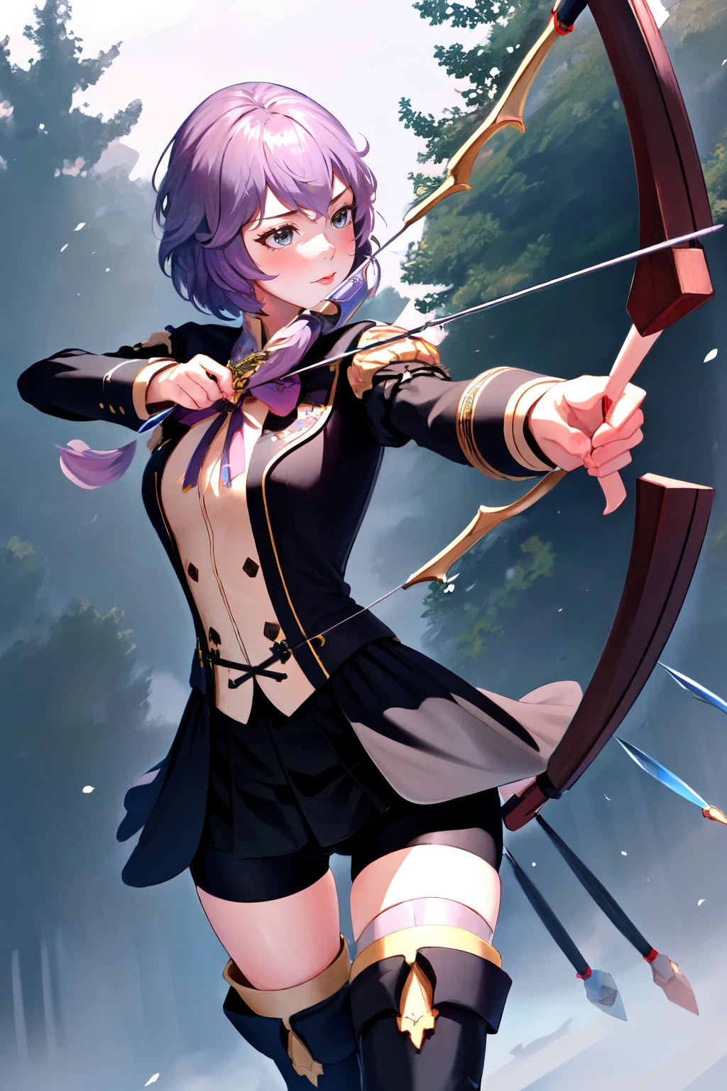 Highly detailed, High Quality, Masterpiece, beautiful, BowAiming, bow \(weapon\), aiming, <lora:UnlimitedBladeWorksV1:1>, 1girl, solo, cowboy shot, defBernie, black jacket, black skirt, spandex shorts, thigh boots, <lora:Char_FireEmblem_Bernadetta:0.7>