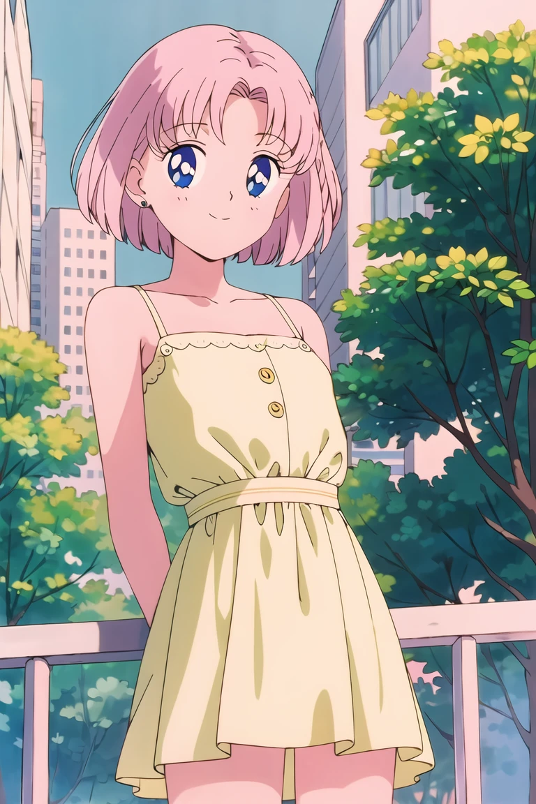 best quality, masterpiece,  <lora:smv1-10:1>, 1girl, light smile, looking at viewer, pink hair, short hair, city, sundress,cowboy shot, arms behind back,