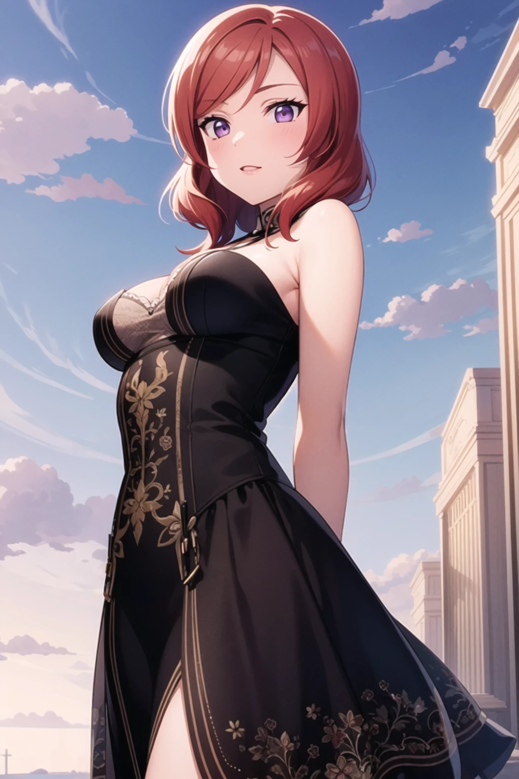 (masterpiece, best quality, ultra-detailed), (illustration), (beautiful detailed eyes), (1girl), (solo), nishikino maki, purple eyes, dress, outdoors, standing, arms behind back,