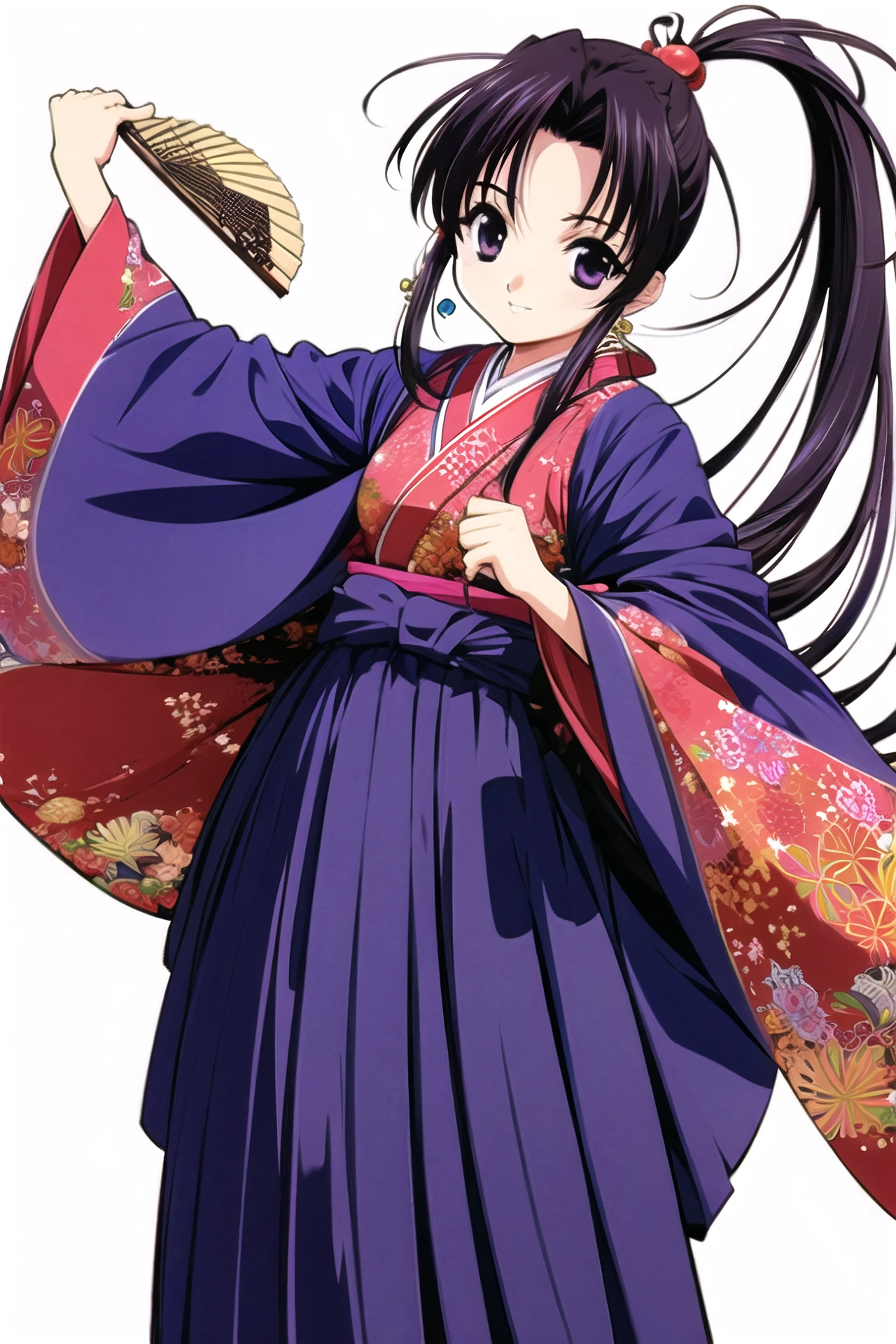1girl, solo, hand fan, japanese clothes, long hair, folding fan, skirt, hakama, hakama skirt, ponytail, simple background, hair ornament, white background, purple eyes, holding, kimono, long sleeves, black hair, wide sleeves, looking at viewer,<lora:Naoto Tenhiro:0.8>