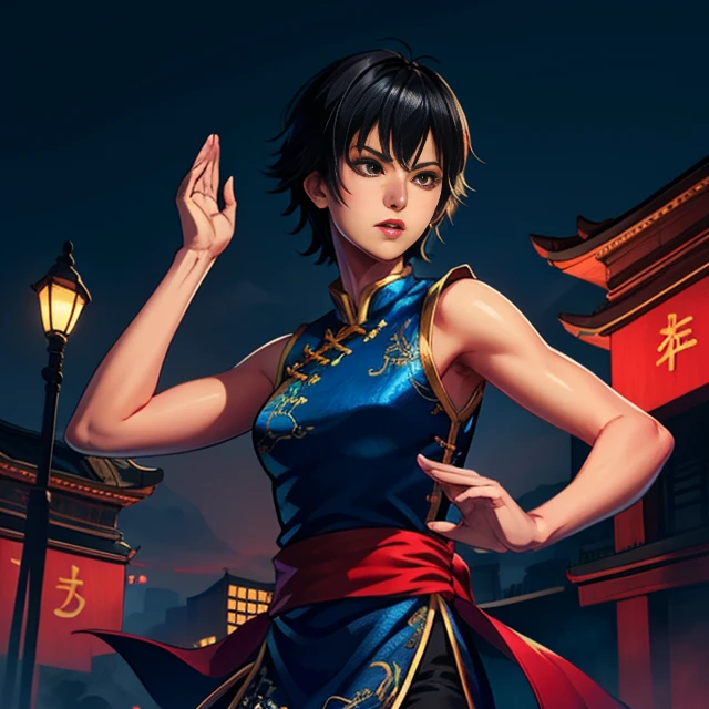 PaiChan,short shaggy hair, , brown eyes, black hair, solo , tai chi stance, low angle
PaiAti, black Chinese clothes, red sash, black pants, sleeveless,
night city streets,
(insanely detailed, beautiful detailed face, masterpiece, best quality) <lora:PaiChan:0.7>