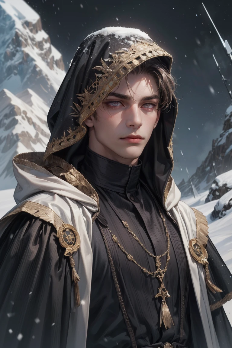 (Absurdres, Intricate Details, Masterpiece, Best Quality, High Resolution, 8k), (1man), (male:1.2), young, groomed appearance, finely detailed eyes and face, lean body, distinguished and mature with a touch of ruggedness, tanned skin, violet eyes, brunette bald head hair, handlebar mustache, portrait, solo, upper body, detailed background, detailed face, (<lora:FiveDecorsAIx3:0.4>, crystallineAI, crystalline theme:1.1), Dark Sand Brown northern warrior, (glowing eyes:1.05), stern expression, dynamic pose, hooded robe, cape, snow crystals, cold, stormy background, mountain in background low light, dark night, epic atmosphere, arid desert middle-eastern precise and accurate details, Depth of Field, VFX.