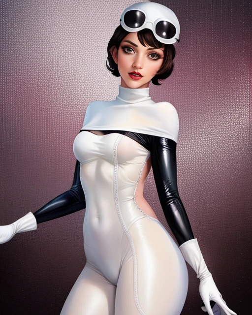 SallyBoyle,short black hair,makeup,small breasts ,brown eyes,lips , solo, standing, posing,
SBattire, white gloves, white bodysuit, turtleneck, latex, high heels, hat with goggles,
black and white disco room,
(insanely detailed, beautiful detailed face, masterpiece, best quality) <lora:SallyBoyle:0.8>