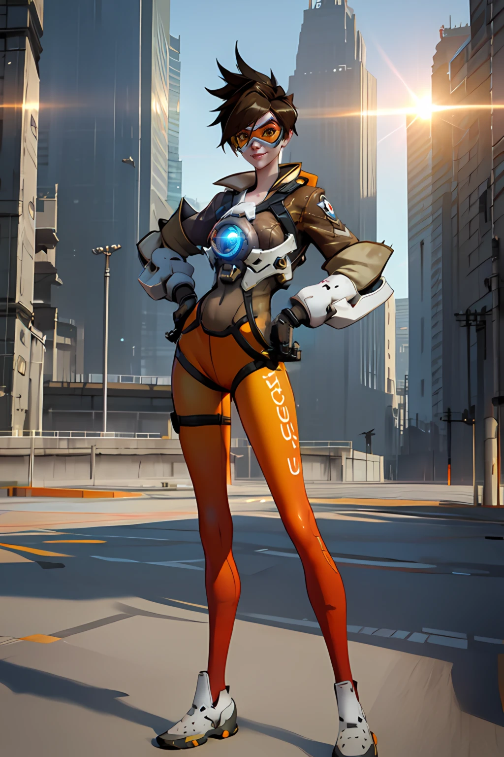 tracer, bomber jacket, chest harness, bodysuit, orange goggles, leggings, shoes, futuristic city, looking at viewer, standing, cheeky smile, sky, sunlight, best quality, <lora:tracerLast-000020:0.7>