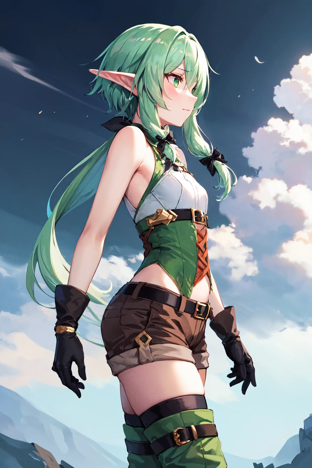 masterpiece, best quality, highres, 1girl, elf, pointy ears, green hair, long hair, sidelocks, hair bow, green eyes, small breasts, sleeveless, black gloves, brown shorts, green thighhighs, short shorts, belt, <lora:high_elf_archer_v1:0.6>, wind, fied, from side, closed mouth,