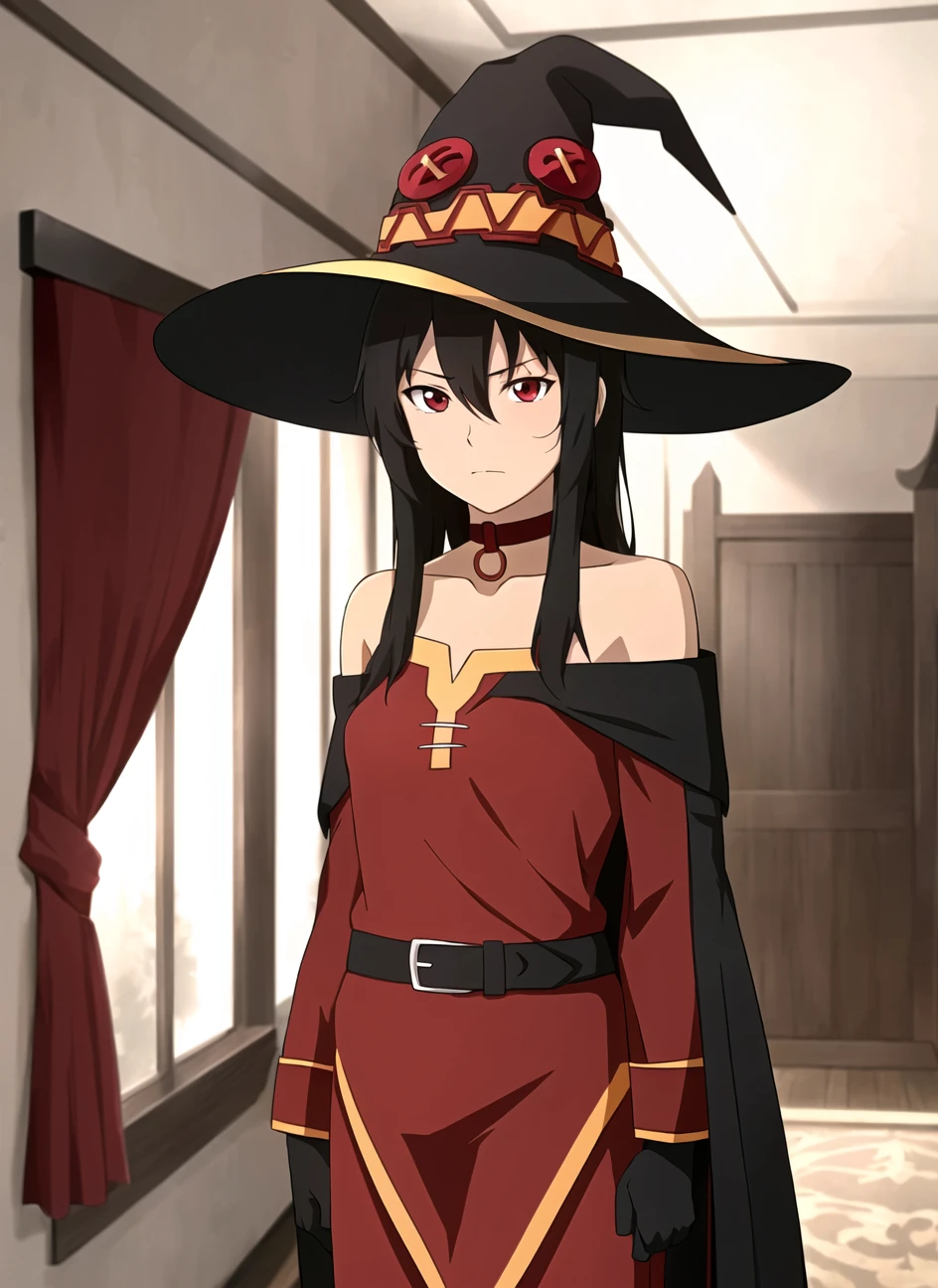 the legend of korra, masterpiece, best quality, megumin, 1girl, bare shoulders, black cape, black gloves, black hair, cape, choker, collarbone, dress, hair between eyes, hat, long sleeves, looking at viewer, medium hair, off-shoulder dress, off shoulder, red dress, red eyes, sidelocks, solo, witch hat, indoors, <lora:the_legend_of_korra_v2_offset:1>