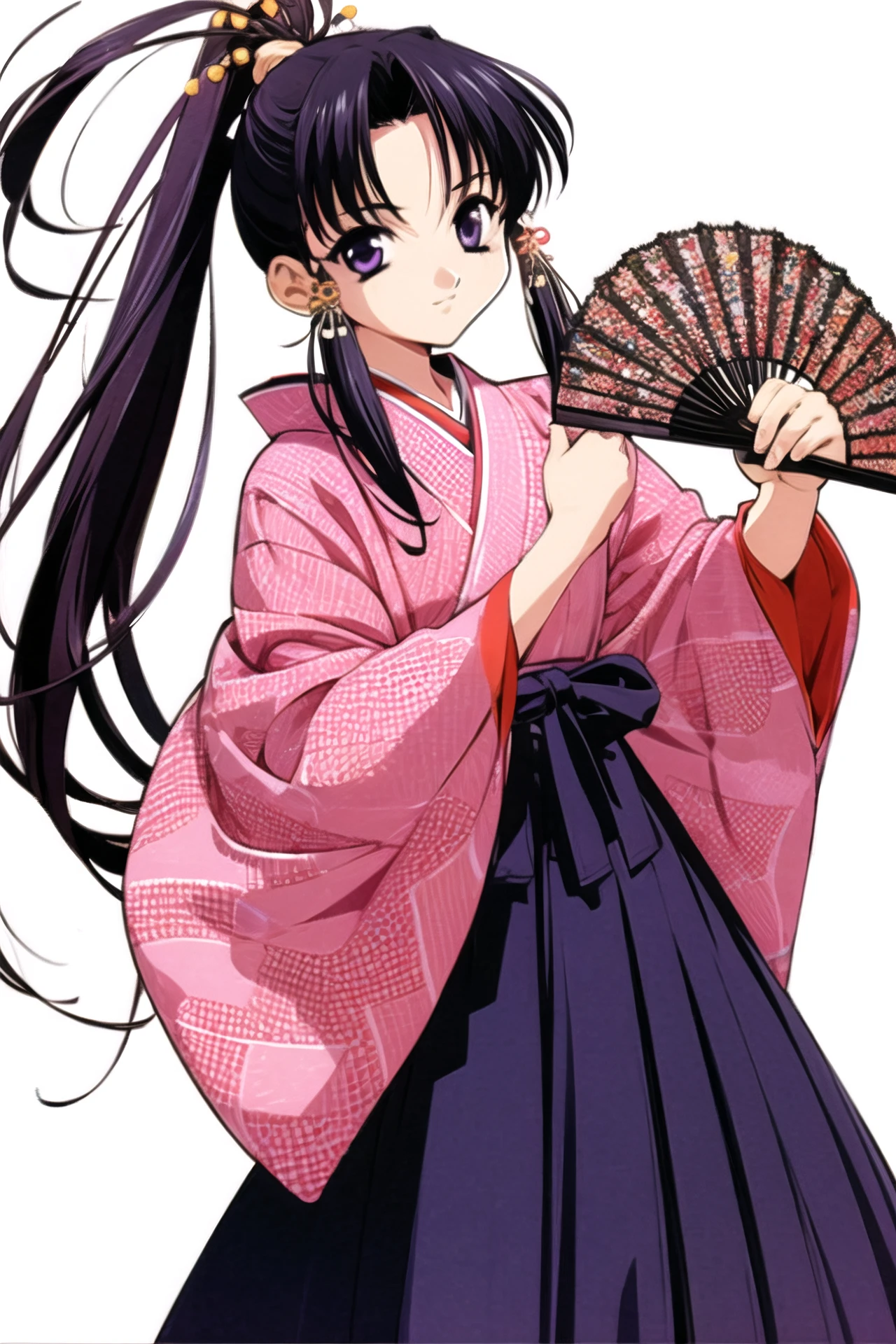 1girl, solo, hand fan, japanese clothes, long hair, folding fan, skirt, hakama, hakama skirt, ponytail, simple background, hair ornament, white background, purple eyes, holding, kimono, long sleeves, black hair, wide sleeves, looking at viewer,<lora:Naoto Tenhiro:0.8>