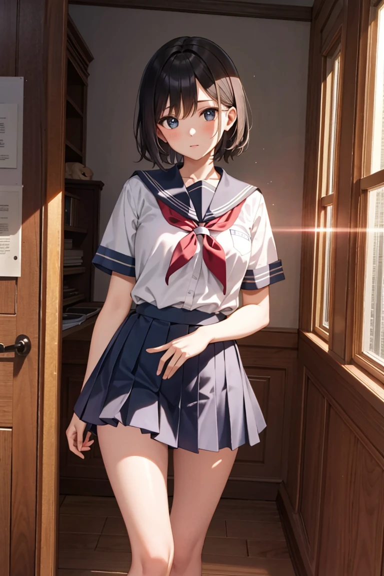 (masterpiece), best quality, high resolution, extremely detailed, detailed background, cinematic lighting, lens flare, glitter, 1girl, short hair, medium breasts, school uniform, indoor