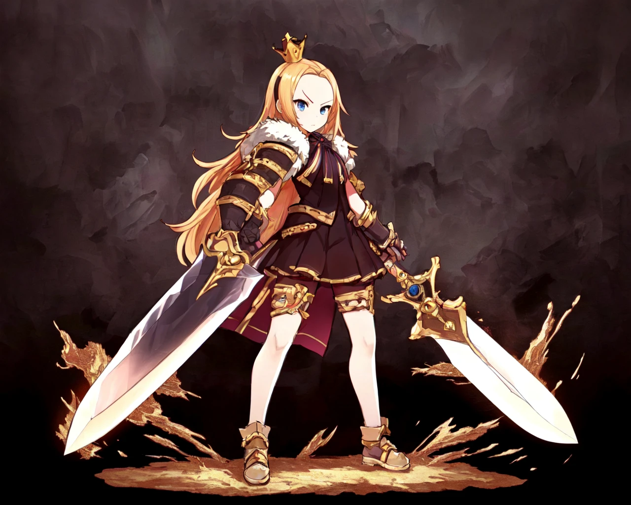 <lora:e7 Charlotte2:0.6> e7 Charlotte, small crown, big forehead, wielding two swords, full body, at a batleground,
(masterpiece), best quality, highres, 4k, 8k, Detailed Illustration, intricate detail, cinematic lighting, amazing quality, 1girl, fit female, amazing shading, soft lighting, facing camera, perfect eyes