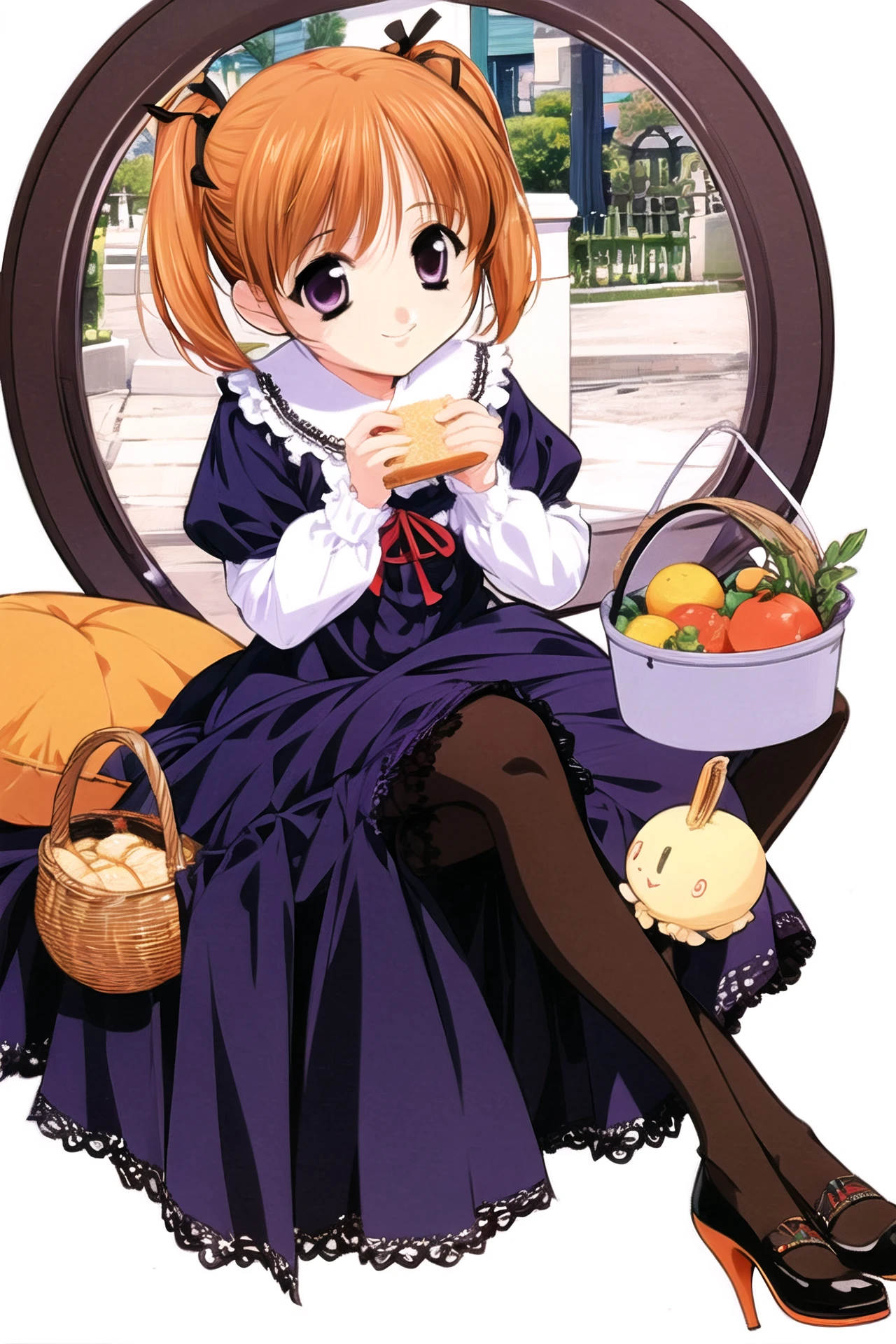 1girl, solo, dress, ribbon, twintails, food, hair ribbon, long sleeves, yellow dress, short twintails, doll, white background, sitting, orange hair, purple eyes, basket, simple background, smile, looking at viewer, brown hair, short hair, character doll, bread, frills, holding, pantyhose,<lora:Naoto Tenhiro:0.8>