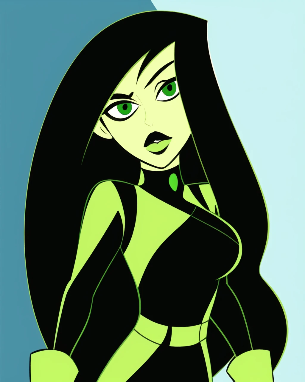 kim possible style, masterpiece, best quality,1girl, solo, green eyes, long hair, gloves, black hair, makeup, bodysuit, black lips, lipstick, cross, green gloves, green lips, <lora:kim_possible_offset:1>