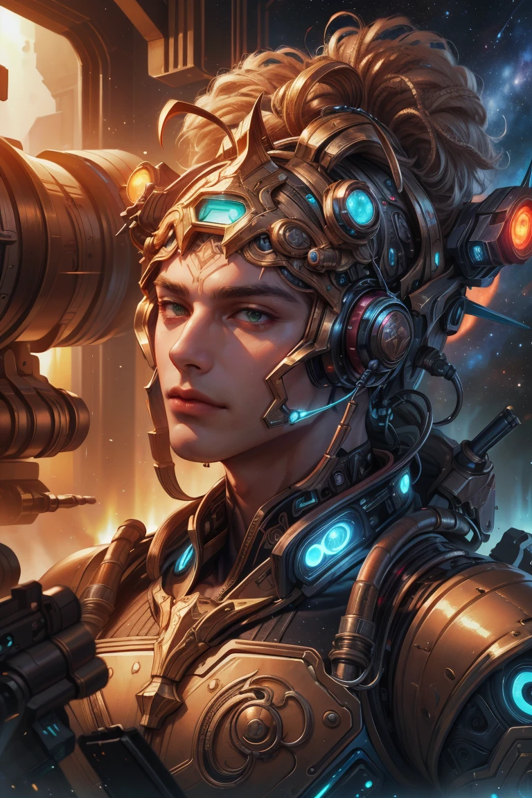 (Absurdres, Intricate Details, Masterpiece, Best Quality, High Resolution, 8k), (1man), (male:1.2), young, masked face, finely detailed eyes and face, lean, masculine appeal, commanding presence, tall and well-built with broad shoulders, bisque skin, light gray eyes, rose gold parted afro hair, clean shaven,  portrait,  looking at viewer, solo, half shot, detailed background, close up, detailed face, <lora:TerranAIv2:0.5>, TerranAI, starcraft theme:1.1),|} futuristic shining  green adamantium armor,  striped pattern,  high-tech,  modules,  nanotech, cybernetic implants, antenna, headset, head-up display, dynamic pose, epic  starry outer space in background, red lights, lens flare, neon lights, lasers,   explosions, screens,  cinematic atmosphere, <lora:MahabharataPunkAI:0.6>, MahabharataPunkAI imperceptible details, Depth of Field, VFX.