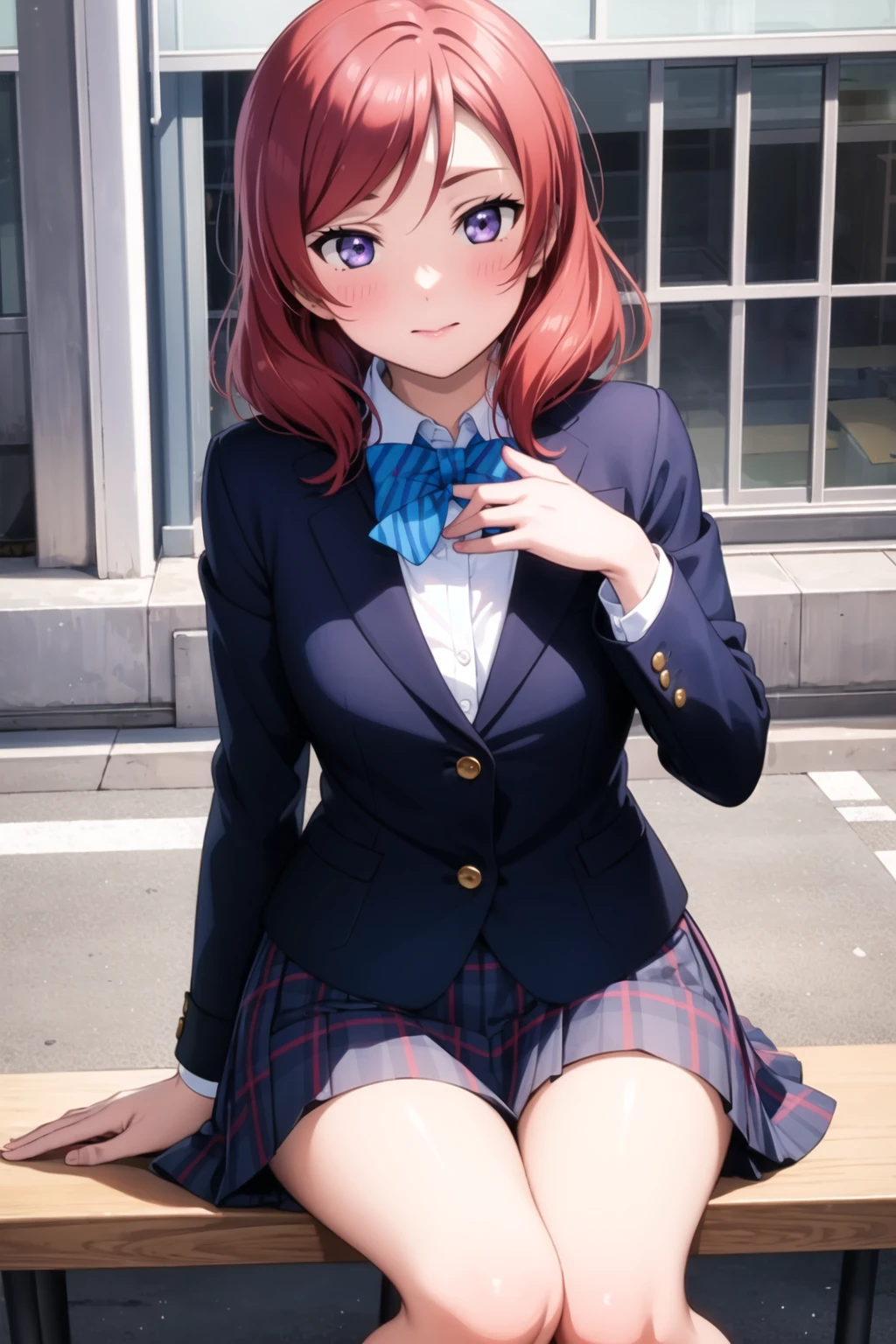 (masterpiece, best quality, ultra-detailed), (illustration), (beautiful detailed eyes), (1girl), (solo), nishikino maki, purple eyes, blush, skirt, bow, sitting, jacket, red hair, bowtie, blue bow, blazer, winter uniform, blue bowtie, otonokizaka school uniform, outdoors,