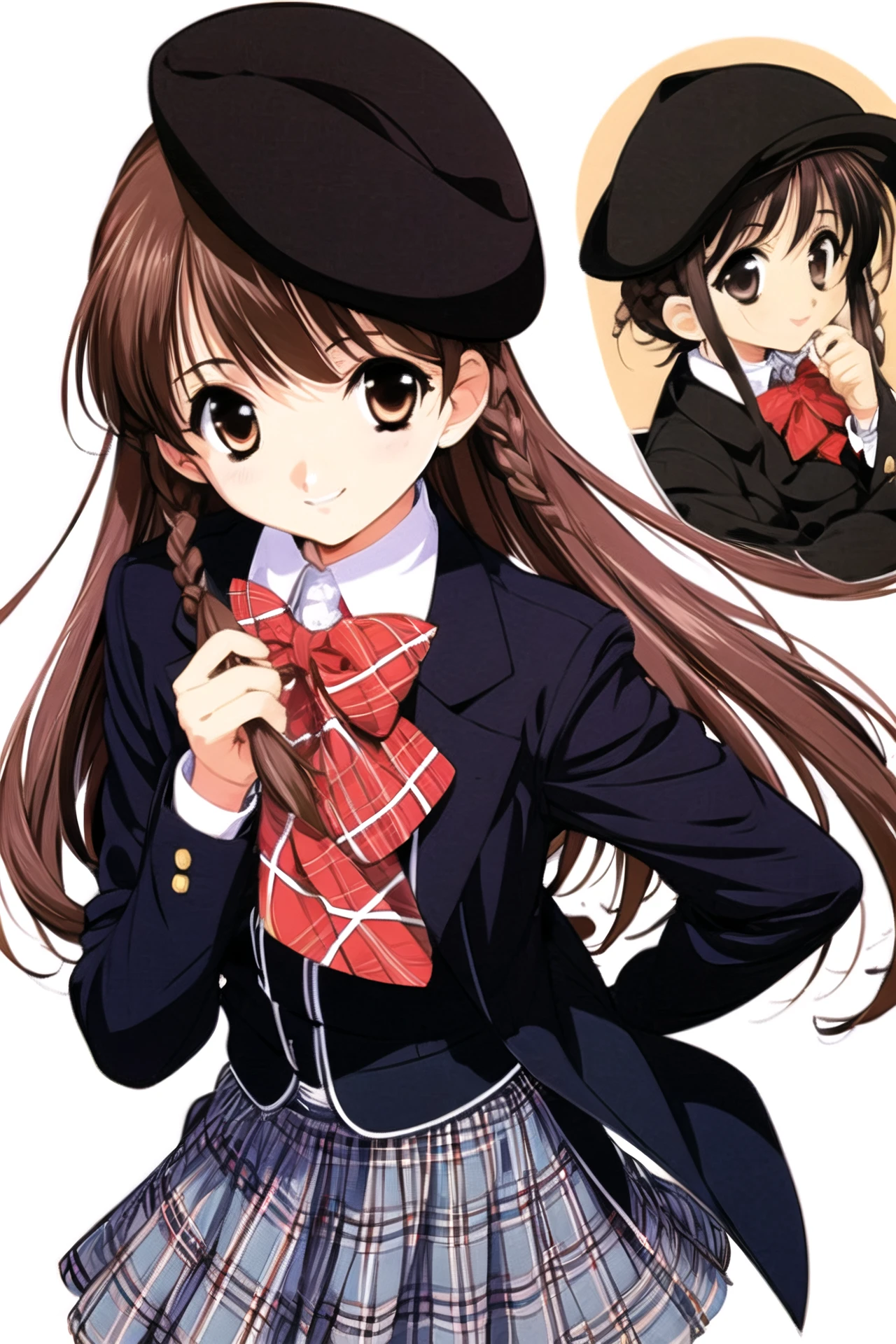 1girl, solo, brown hair, hat, long hair, brown eyes, skirt, school uniform, braid, plaid, jacket, plaid skirt, bow, beret, long sleeves, smile, simple background, pleated skirt,<lora:Naoto Tenhiro:0.8>