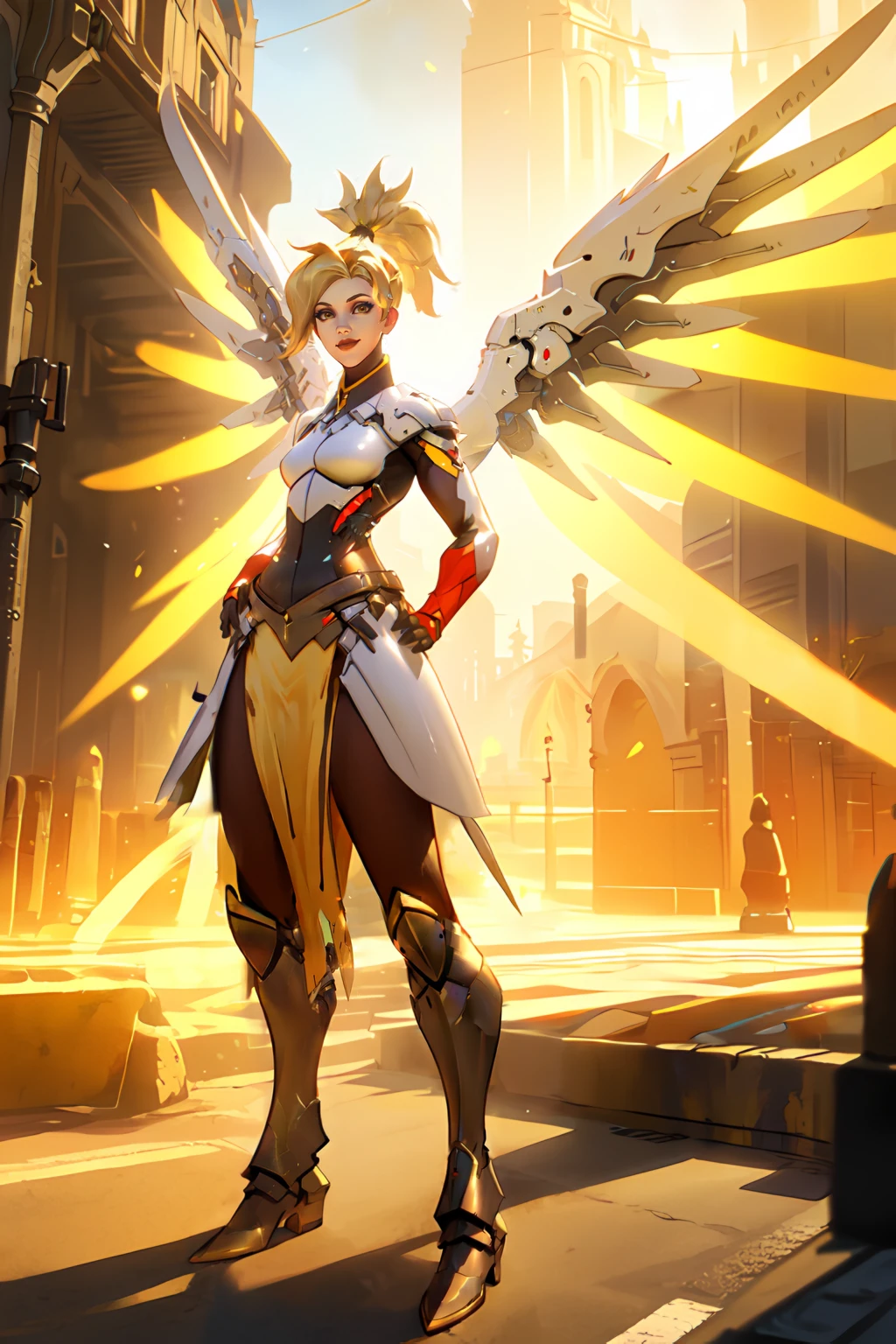 portrait, mercy, waist up, bodysuit, armored boots, loincloth, brown legwear, hands on hips, yellow wings, glowing wings, high ponytail, looking at viewer, gentle smile, gothic futuristic city street, cathedral, sky, sunlight, best quality <lora:mercy:0.7>