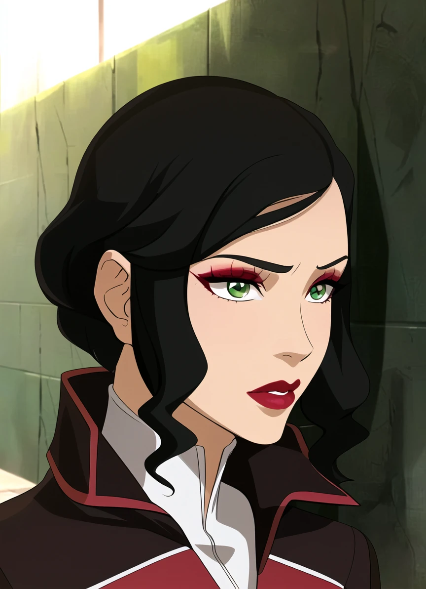 the legend of korra, masterpiece, best quality, 1girl, solo, lipstick, makeup, black hair, green eyes, red lips, looking to the side, outdoors, jacket,  looking away, portrait  <lora:the_legend_of_korra_v2_offset:1>