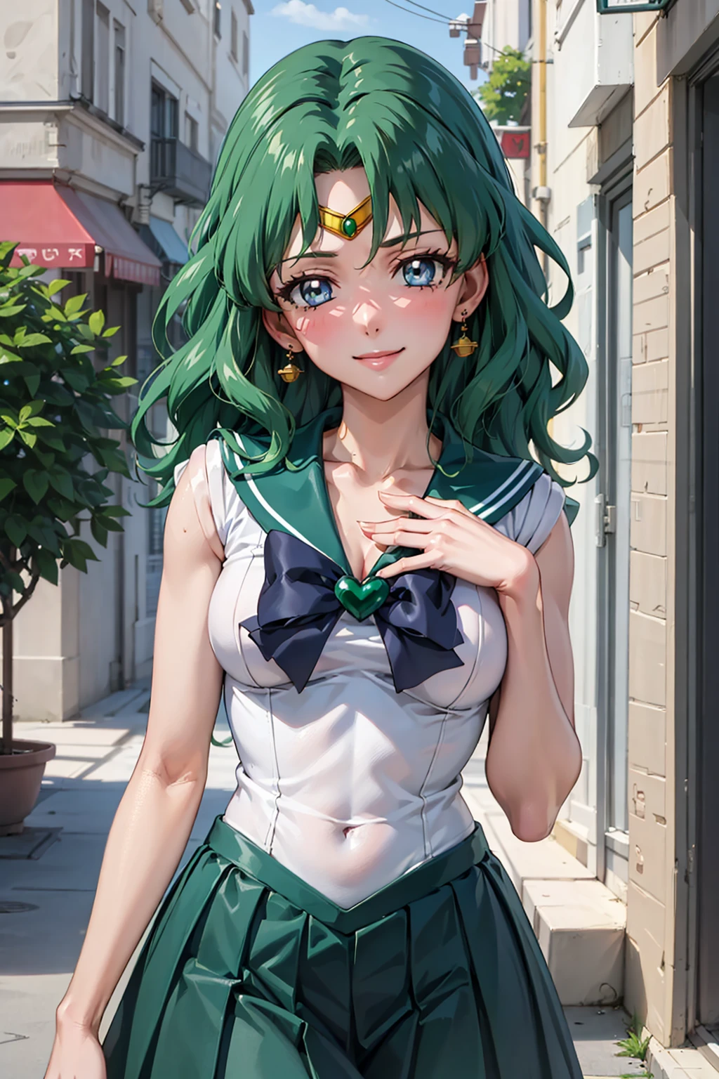 (best quality:1.1), (masterpiece:1.4), (absurdres:1.0), portrait, close-up,
1girl, sailor neptune, (mature woman:1.3), small breasts, aqua eyes, dark green hair, medium hair, sailor senshi uniform, plead skirt, looking at viewer, alley, (blush:1.2), smile, aged up, hand on chest,
<lora:Kizuki - Sailor Moon - Sailor Neptune:0.95>