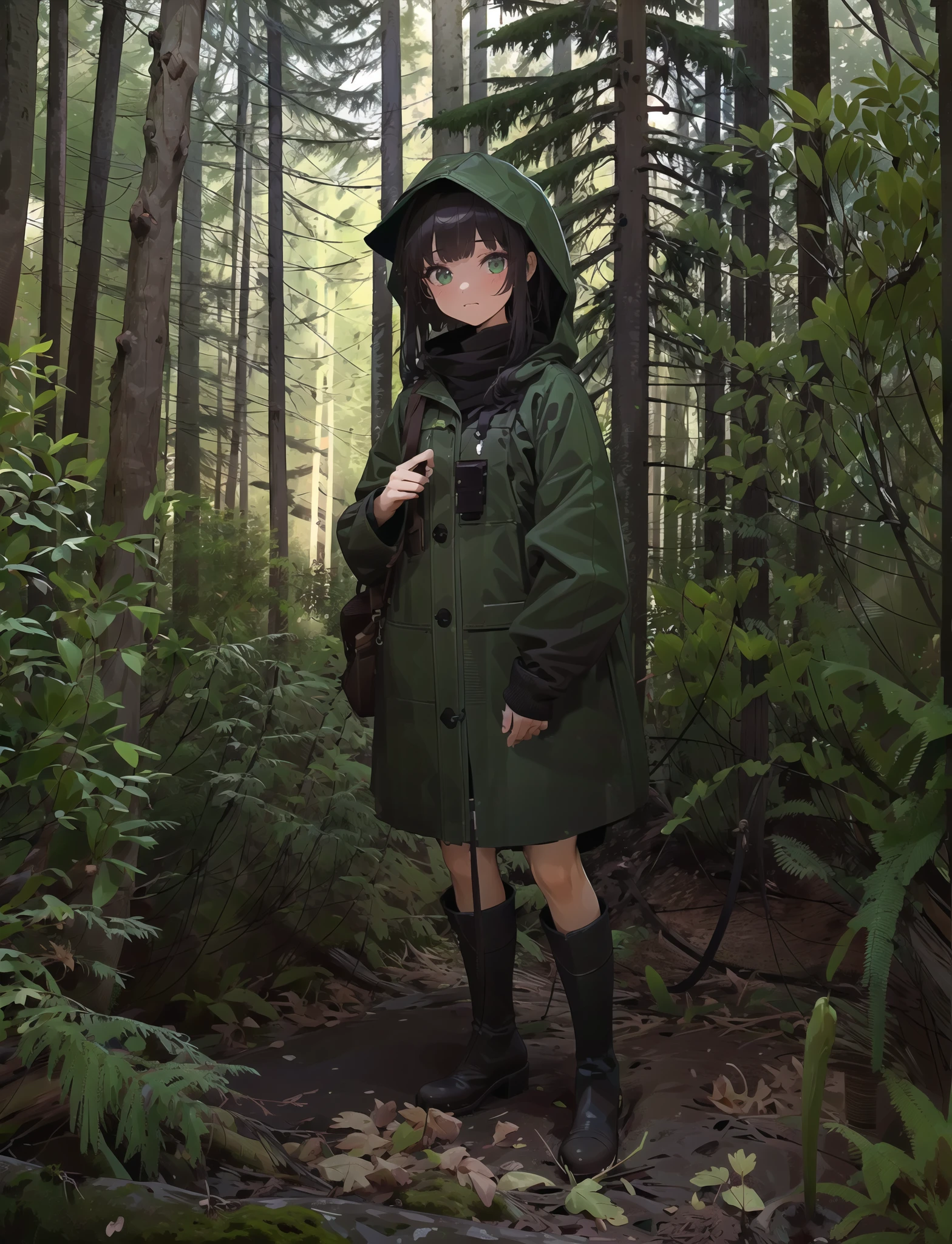 masterpiece, best quality, ultra-detailed, illustration,impasto, painting, tree, shrub, moss, moss cover branches, nature, scenery, fallen leaves, pine tree, forest,1girl,solo,looking at viewer,standing,wear raincoat,black long boots,pov,<lora:forest:1:FO>