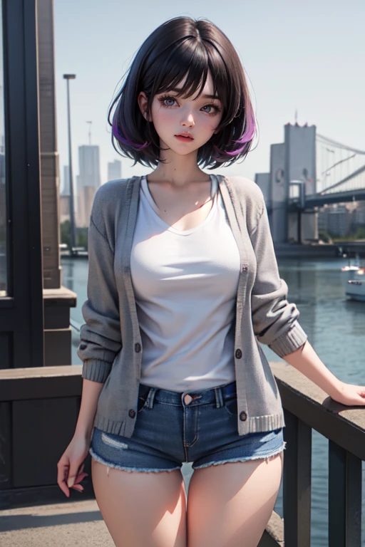 photography, height:152cm, medium hair layered cut,thigh gap,  medium_big breasts, girl frend, neat short_sleeves,black_long_jeans,  grey cardigan, purple_bridge dye:half,