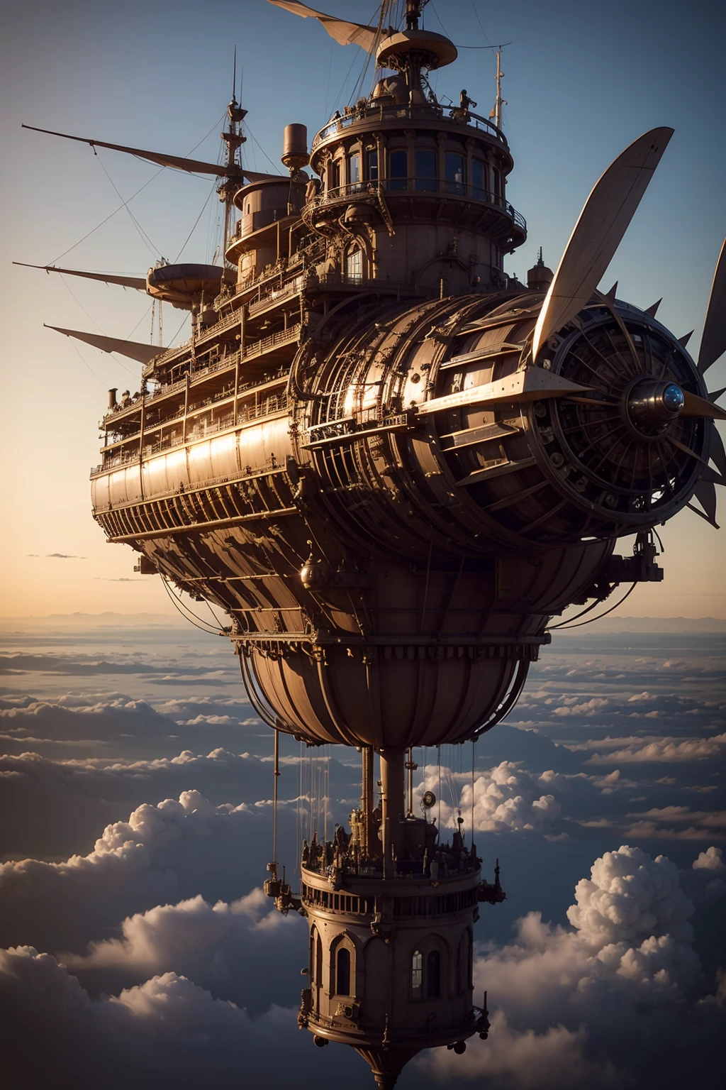 A photo of a steampunk-inspired airship soaring through the sky, propelled by a magnificent array of gears and turbines.