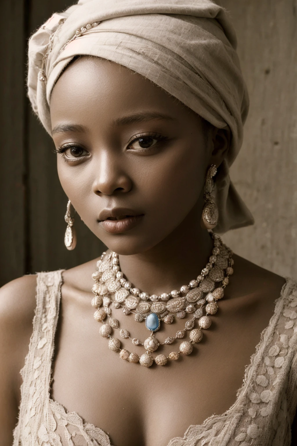 <lora:FilmVelvia2:0.6>, a congolese woman, necklace, crowded papers room, closeup, neutral colors, barren land, sexy