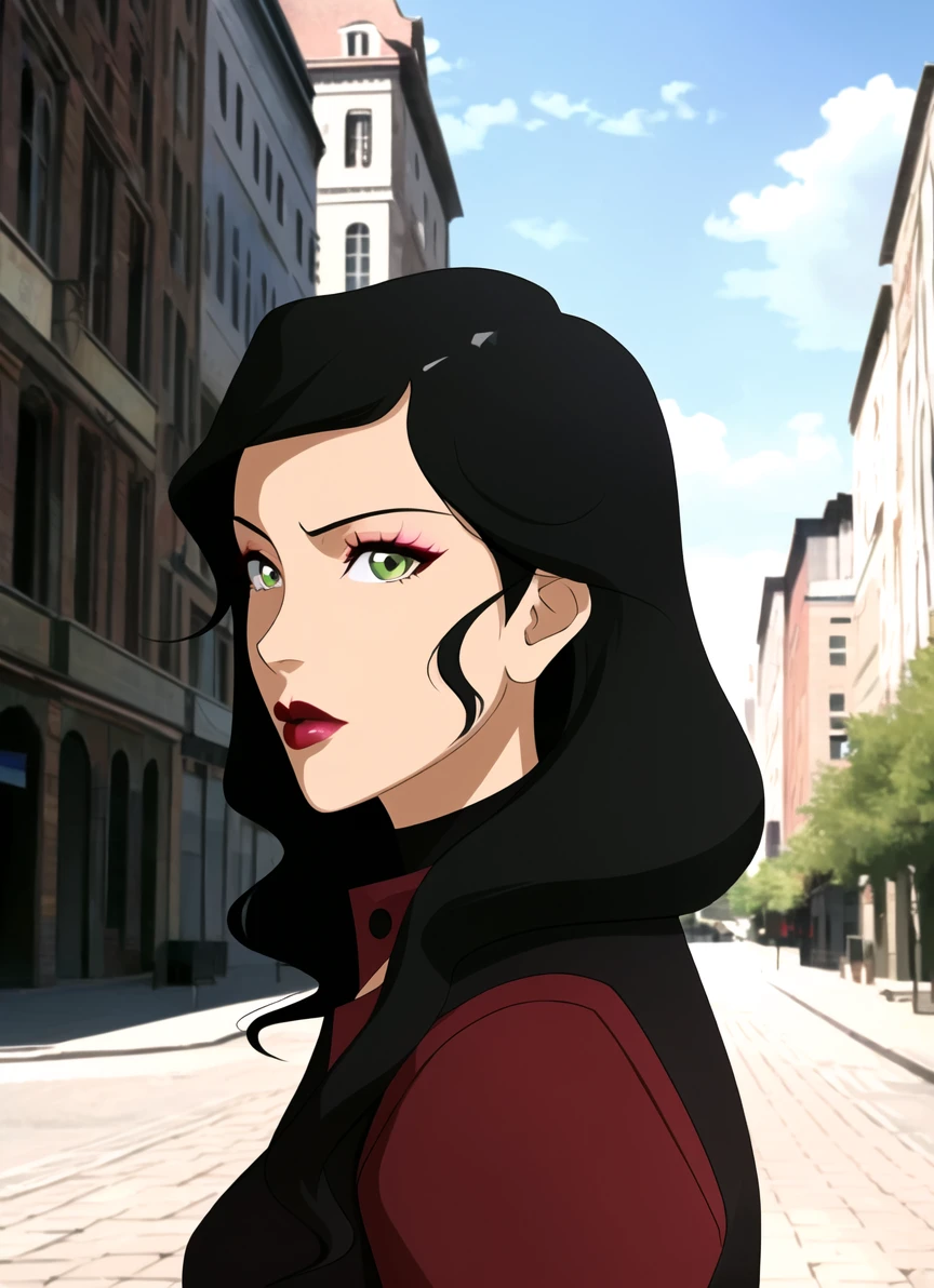 the legend of korra, masterpiece, best quality, 1girl, solo, lipstick, makeup, black hair, green eyes, red lips, looking to the side, outdoors, jacket, looking away, portrait <lora:the_legend_of_korra_v2_offset:1>