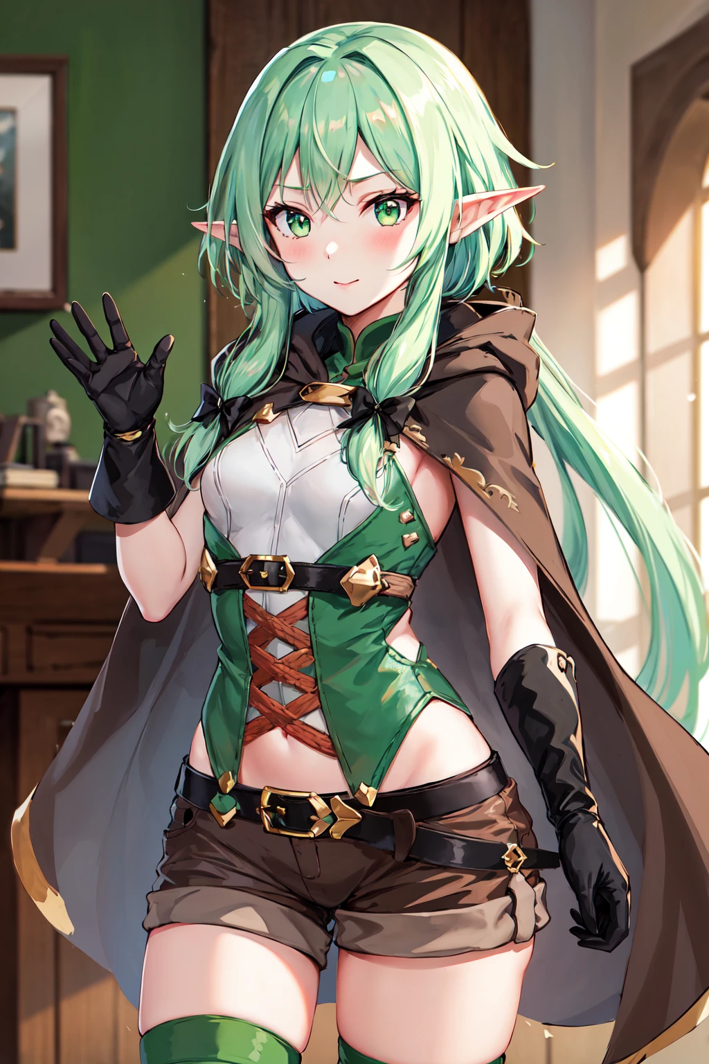 masterpiece, best quality, highres, 1girl, elf, pointy ears, green hair, long hair, green eyes, hair bow, black gloves, brown shorts, sidelocks, cloak, green thighhighs, short shorts, belt, small breasts, <lora:high_elf_archer_v1:0.6>, indoors, fantasy, waving,