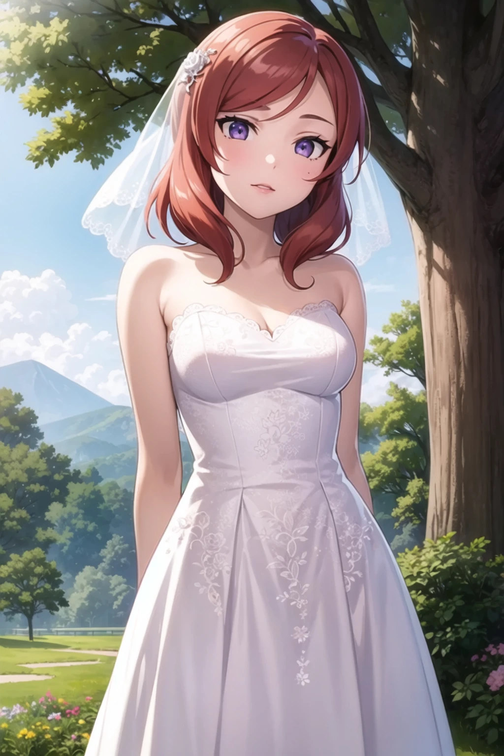 (masterpiece, best quality, ultra-detailed), (illustration), (beautiful detailed eyes), (1girl), (solo), nishikino maki, purple eyes, wedding dress, outdoors, standing, arms behind back,