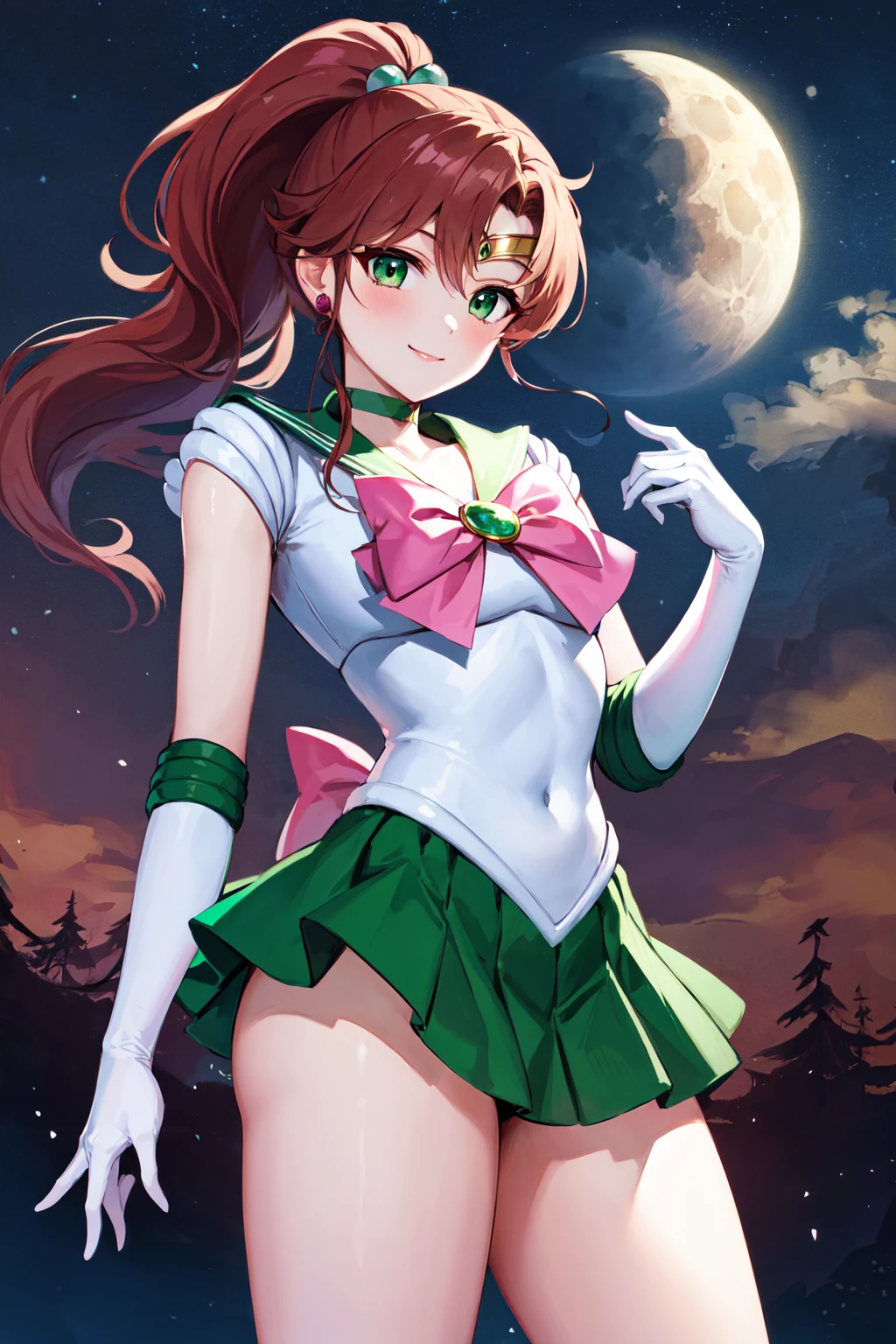 masterpiece, best quality, highres, hmjupiter, green eyes, ponytail, tiara, jewelry, sailor senshi uniform, green sailor collar, choker, elbow gloves, white gloves, pink bow, brooch, leotard, green skirt, <lora:sailor_jupiter_v1:0.7>, cowboy shot, standing, night, moon, smile