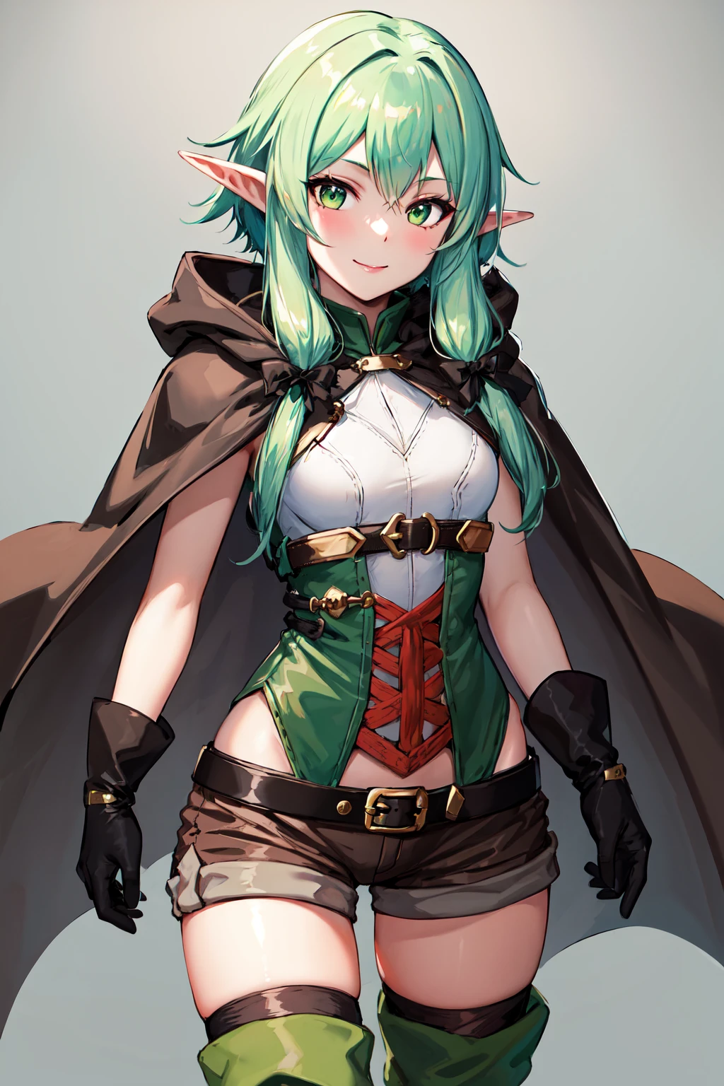masterpiece, best quality, highres, 1girl, elf, pointy ears, green hair, long hair, green eyes, hair bow, black gloves, brown shorts, sidelocks, cloak, green thighhighs, short shorts, belt, small breasts, <lora:high_elf_archer_v1:0.6>, cowboy shot, standing, smile,