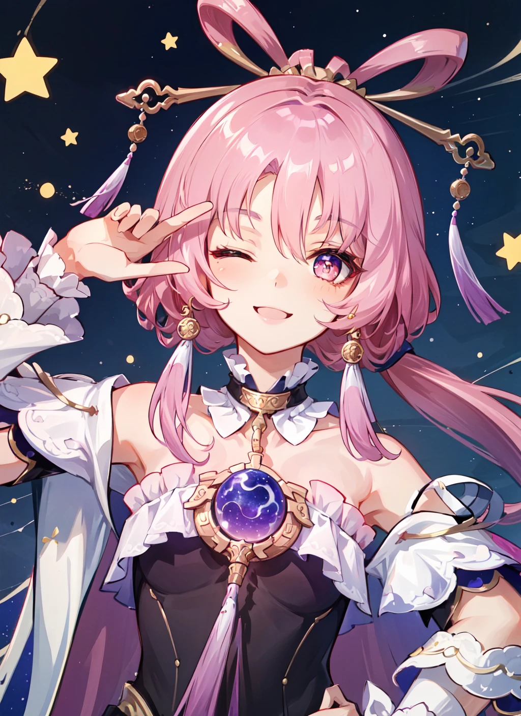 ((masterpiece,best quality)), highres, 1girl, fuxuan, one eye closed, star \(symbol\), smile, (v over eye:1.4),