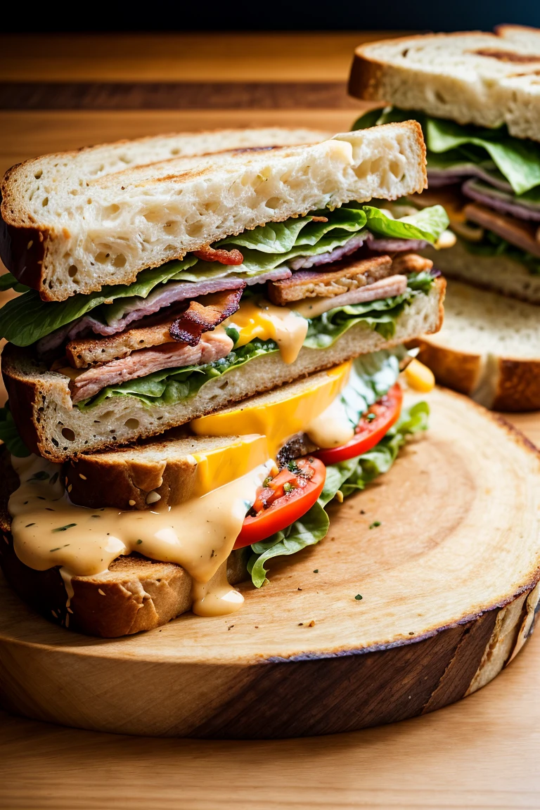 RAW photo of a BLT sandwich with extra bacon, (rustic diner background), seed bread, pepper jack cheese, (intricate details:1.12), (intricate details, hyperdetailed:1.15), photorealistic, ultra-realistic photo, 8k uhd, dslr, soft lighting, high quality, film grain, Fujifilm XT3, (masterpiece) <lora:add_detail:1>