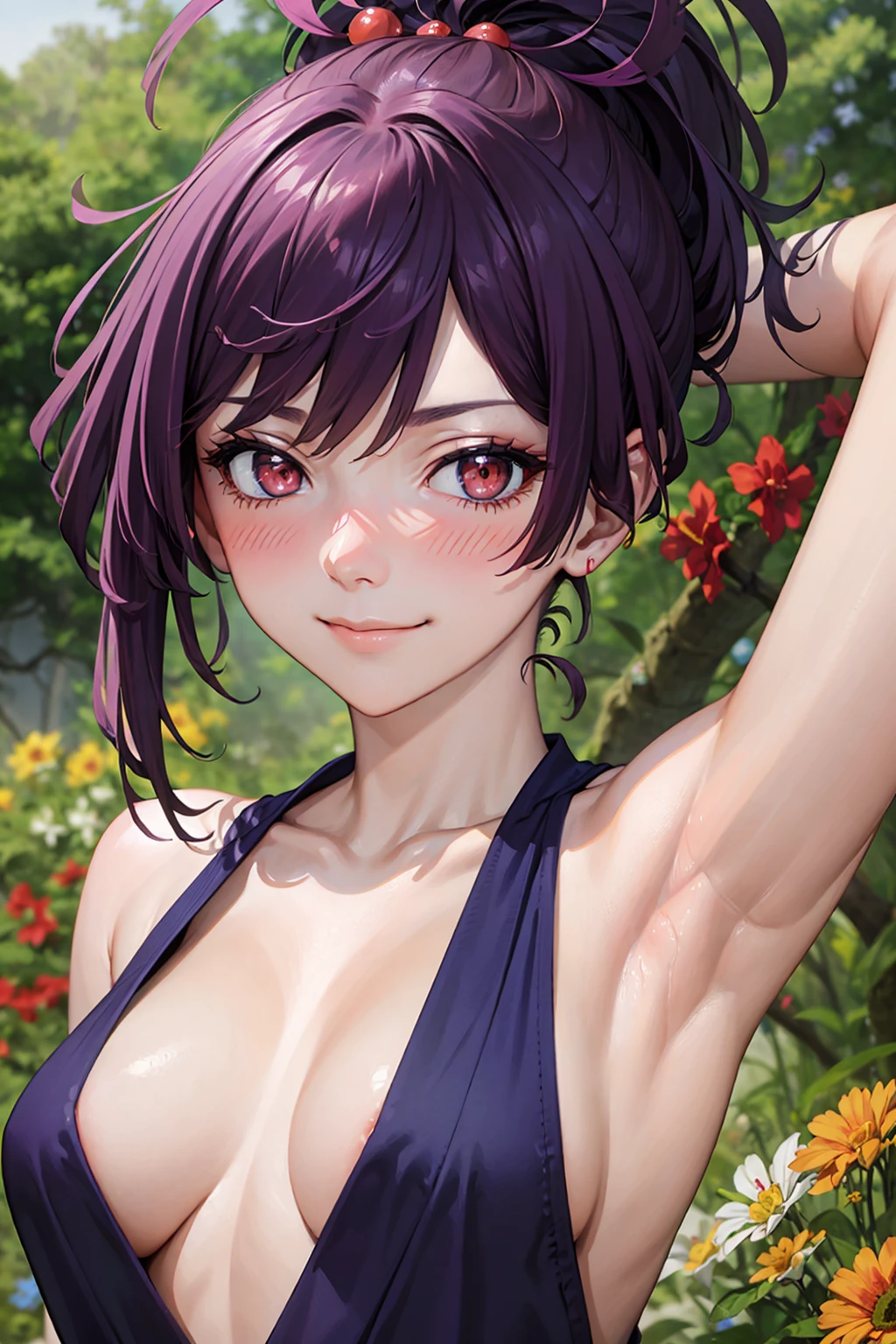 (best quality:1.1), (masterpiece:1.4), portrait, (close up:1.2),
1girl, yuzuriha_(jigokuraku), purple hair, brown eyes, ninja, open clothes, cleavage, small breasts, topknot, medium hair, breasts apart, white obi, smirk, outdoors, (blush:1.1), flowers, (arms behind head:1.0),
<lora:Kizuki - Jigokuraku - Yuzuriha:0.875>