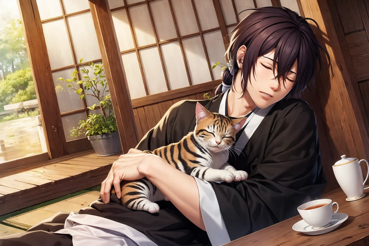(masterpiece, best quality), <lora:Hajime_Saitou-08:0.8>, hajime_saitou, ((solo:1.3)), male focus, upper body, sleeping, closed eyes, lying, on side, head rest, parted lips, food, japanese clothes, kimono, cup, hands up, animal hug, cat, tatami, tea, sunrise, dappled sunlight, wooden floor