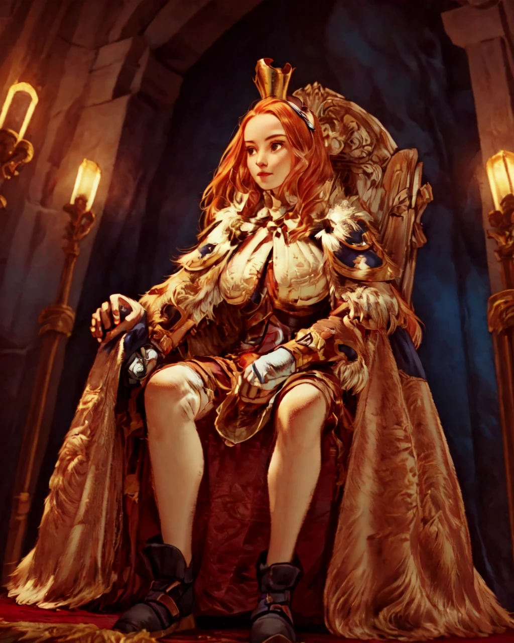 <lora:e7 Charlotte2:0.6> e7 Charlotte, small crown, big forehead, sitting on her throne, small boobs, flat chest, 14 years old, orange hair, throneroom in background,
(masterpiece),  best quality, highres, 4k, 8k, Detailed Illustration, intricate detail, cinematic lighting, amazing quality, 1girl, fit female, amazing shading, soft lighting, facing camera, perfect eyes,<lora:FFTJobs:0.8>