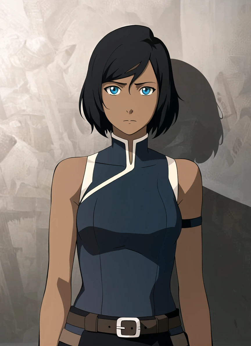 the legend of korra, masterpiece, best quality, 1girl, solo, dark skin, dark-skinned female, black hair, bare shoulders, blue eyes, short hair, looking at viewer,  <lora:the_legend_of_korra_v2_offset:1>