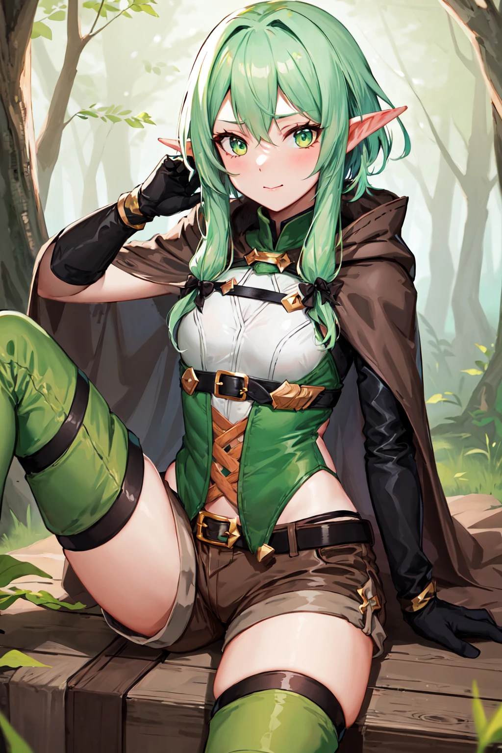 masterpiece, best quality, highres, 1girl, elf, pointy ears, green hair, long hair, green eyes, hair bow, black gloves, brown shorts, sidelocks, cloak, green thighhighs, short shorts, belt, small breasts, <lora:high_elf_archer_v1:0.6>, cowboy shot, forest, sitting, leg up,