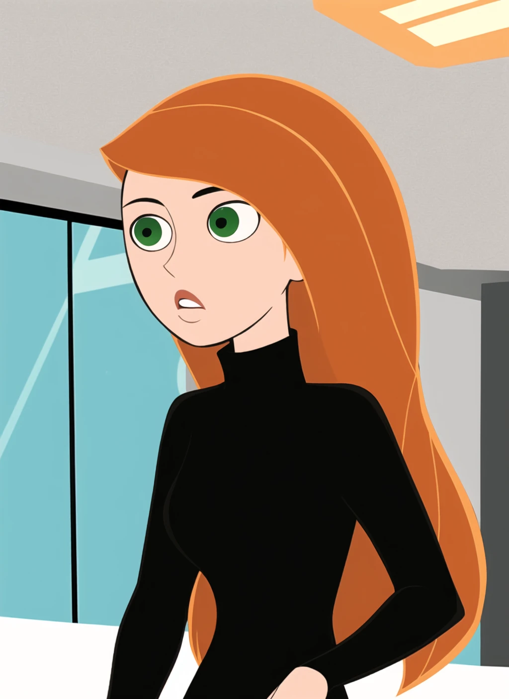 kim possible style, masterpiece, best quality, solo, 1girl, green eyes, long hair, orange hair, upper body, turtleneck, parody, indoors, , black shirt, <lora:kim_possible_offset:1>