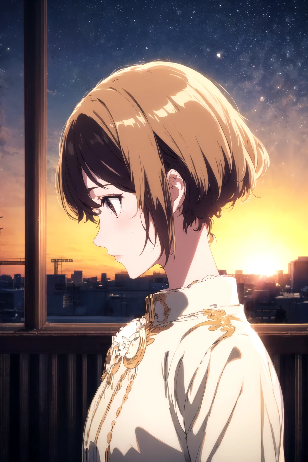 masterpiece, best quality, <lyco:kyoani_loha-000001:0.7>, kyoto style, bobcut, medium hair, messy hair, short bobcut, 1girl, jacket, white shirt, starlight shine, day, sunrise,