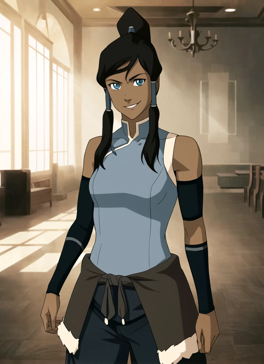 the legend of korra, masterpiece, best quality,  cowboy shot, solo, 1girl, korra, dark skin, dark-skinned female, smile, looking at viewer, ponytail, hair tubes, sleeveless, bare shoulders <lora:the_legend_of_korra_v2_offset:1><lyco:thelegendofkorra_korra-10:0.6>