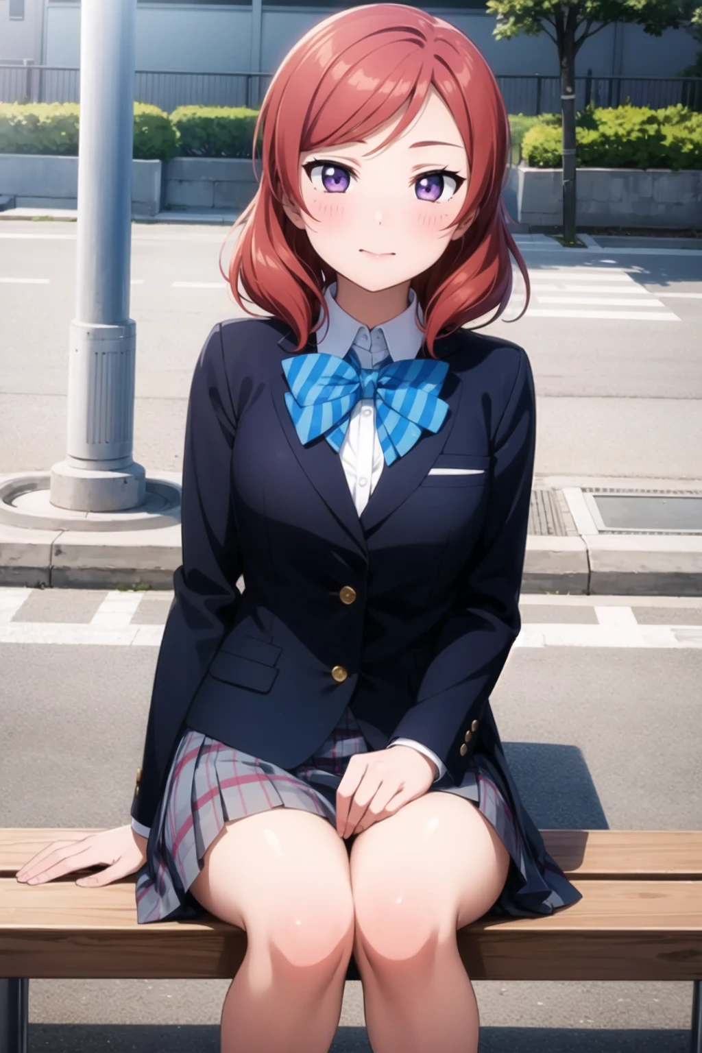 (masterpiece, best quality, ultra-detailed), (illustration), (beautiful detailed eyes), (1girl), (solo), nishikino maki, purple eyes, blush, skirt, bow, sitting, jacket, red hair, bowtie, blue bow, blazer, winter uniform, blue bowtie, otonokizaka school uniform, outdoors,