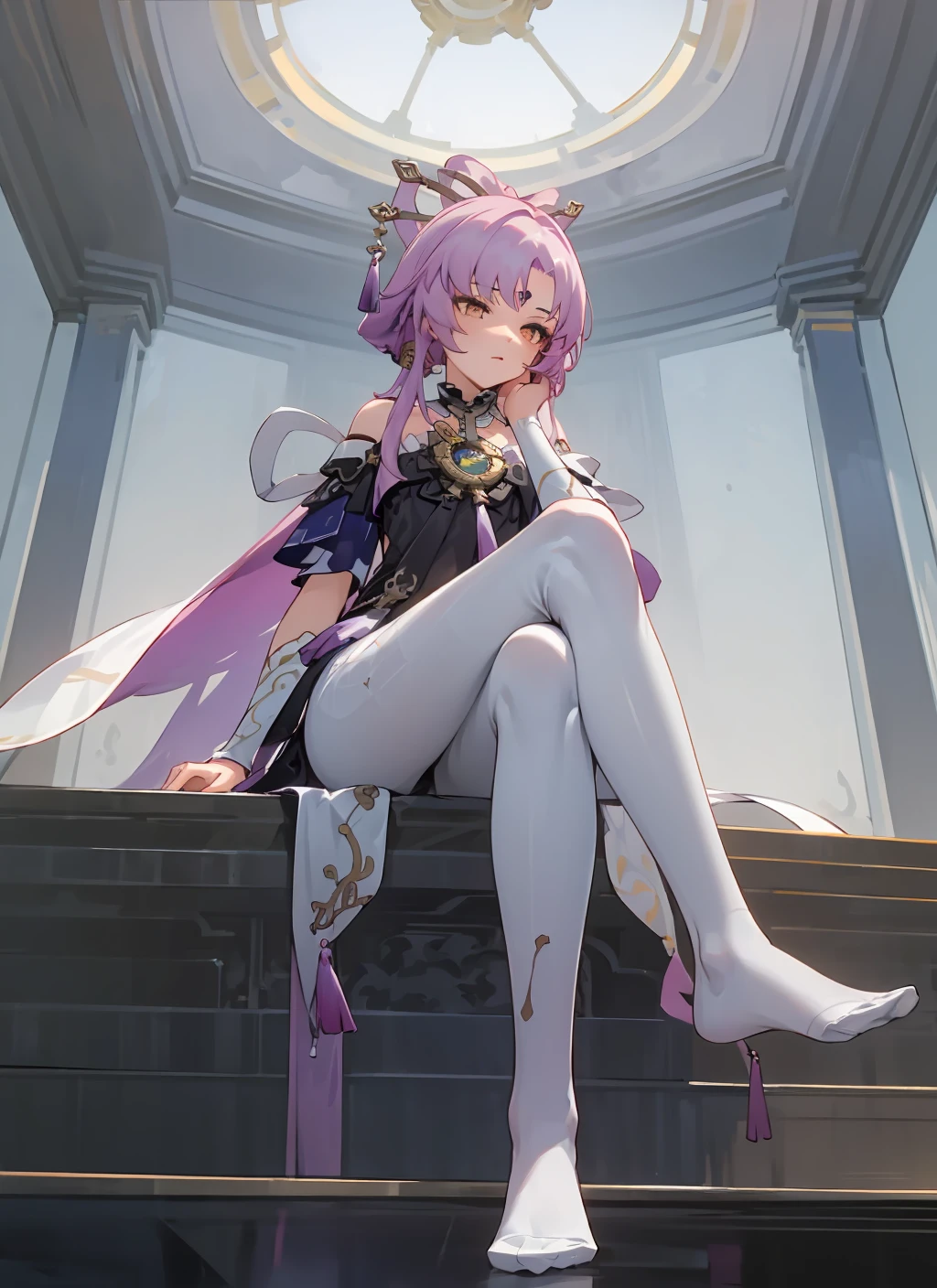 ((masterpiece,best quality)), highres, 1girl, fuxuan, sitting, crossed legs, no shoes, white pantyhose, looking down, from below, indoors,