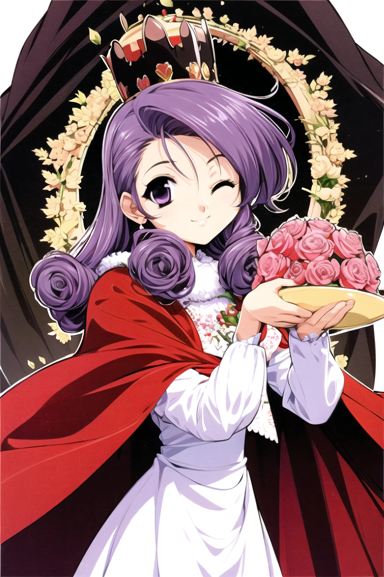 1girl, solo, flower, one eye closed, hat, rose, purple eyes, heart, crown, red flower, white background, long sleeves, smile, holding, simple background, dress, red rose, fur trim, cape, looking at viewer, food, plate, bouquet, purple hair, curly hair,<lora:Naoto Tenhiro:0.8>