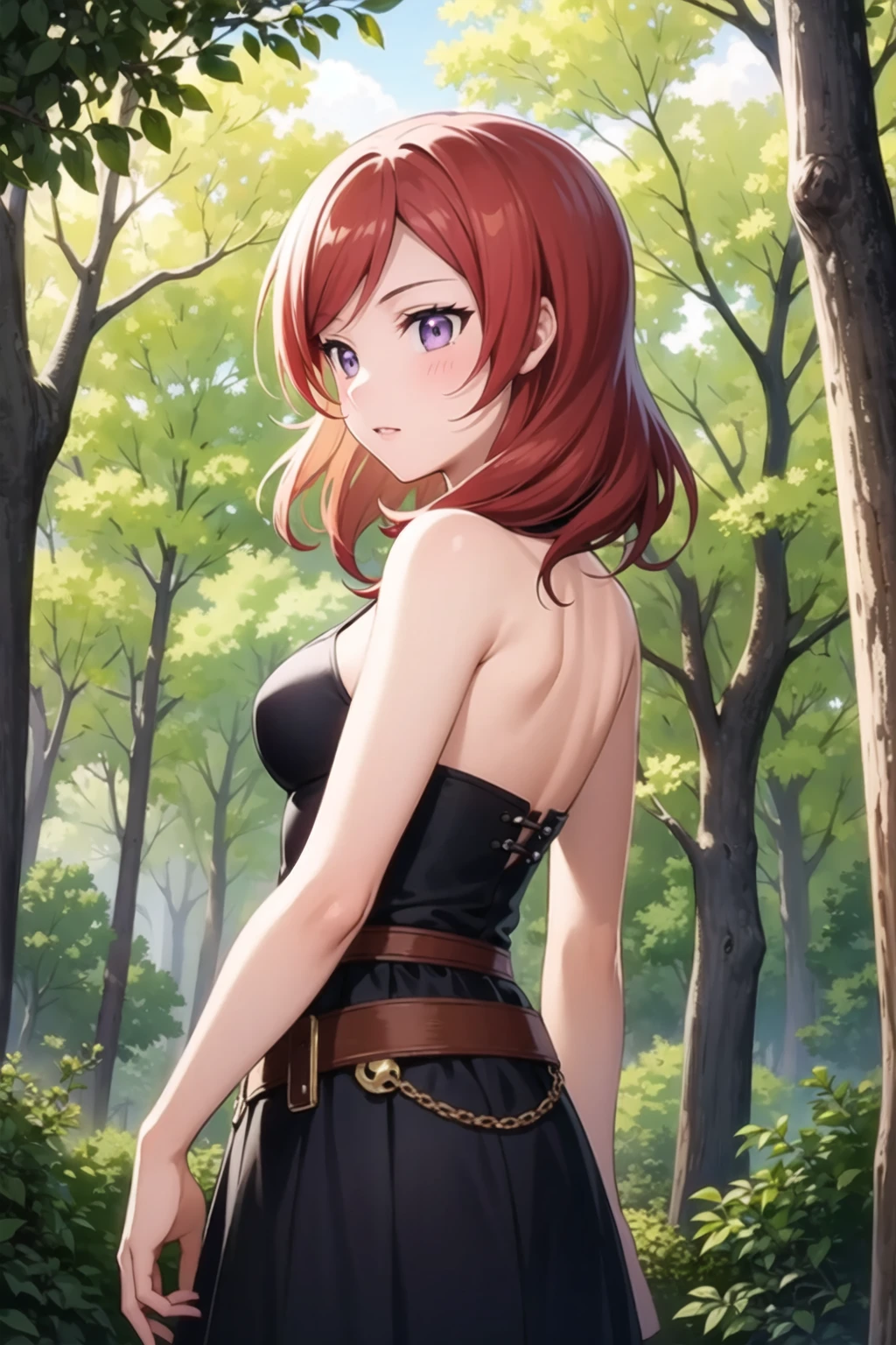 (masterpiece, best quality, ultra-detailed), (illustration), (beautiful detailed eyes), (1girl), (solo), nishikino maki, purple eyes, from side, looking away, cowboy shot, outdoors, greenary, depth of field,