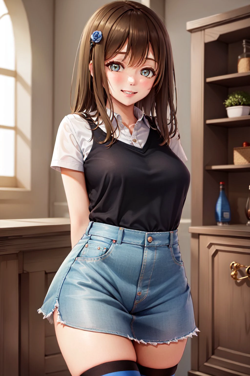 (masterpiece, best quality:1.2), <lyco:attire_stripedthighhighs_blkblu-11:1.0>, cowboy shot, solo, 1girl, smile, looking at viewer, arms behind back, shirt, skirt, striped thighhighs