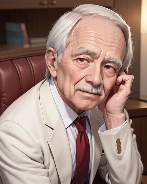 +_+, (An 80 years old man with nasolabial folds on his face:1.3), white mustache, white suits, white short cut corners hair ,long brown red tie, beige jacket, his both fingers in front of his face,  Werther's Original, sitting on the chair, glowing eyes, morinaga