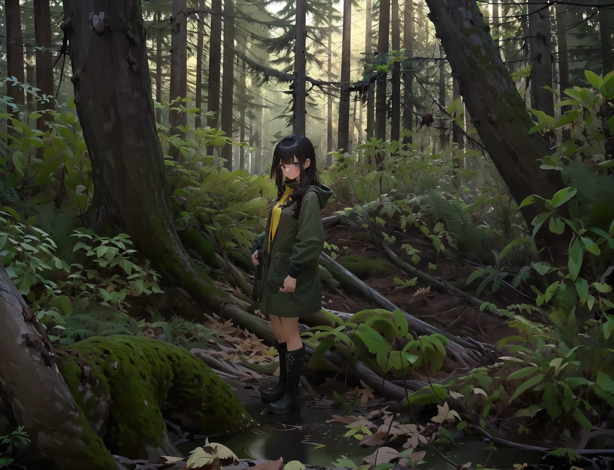 impasto, painting, tree, shrub, moss, moss cover branches, nature, scenery, fallen leaves, pine tree, forest,1girl,solo,looking at viewer,standing,wear raincoat,black long boots,<lora:forest:1:FO>